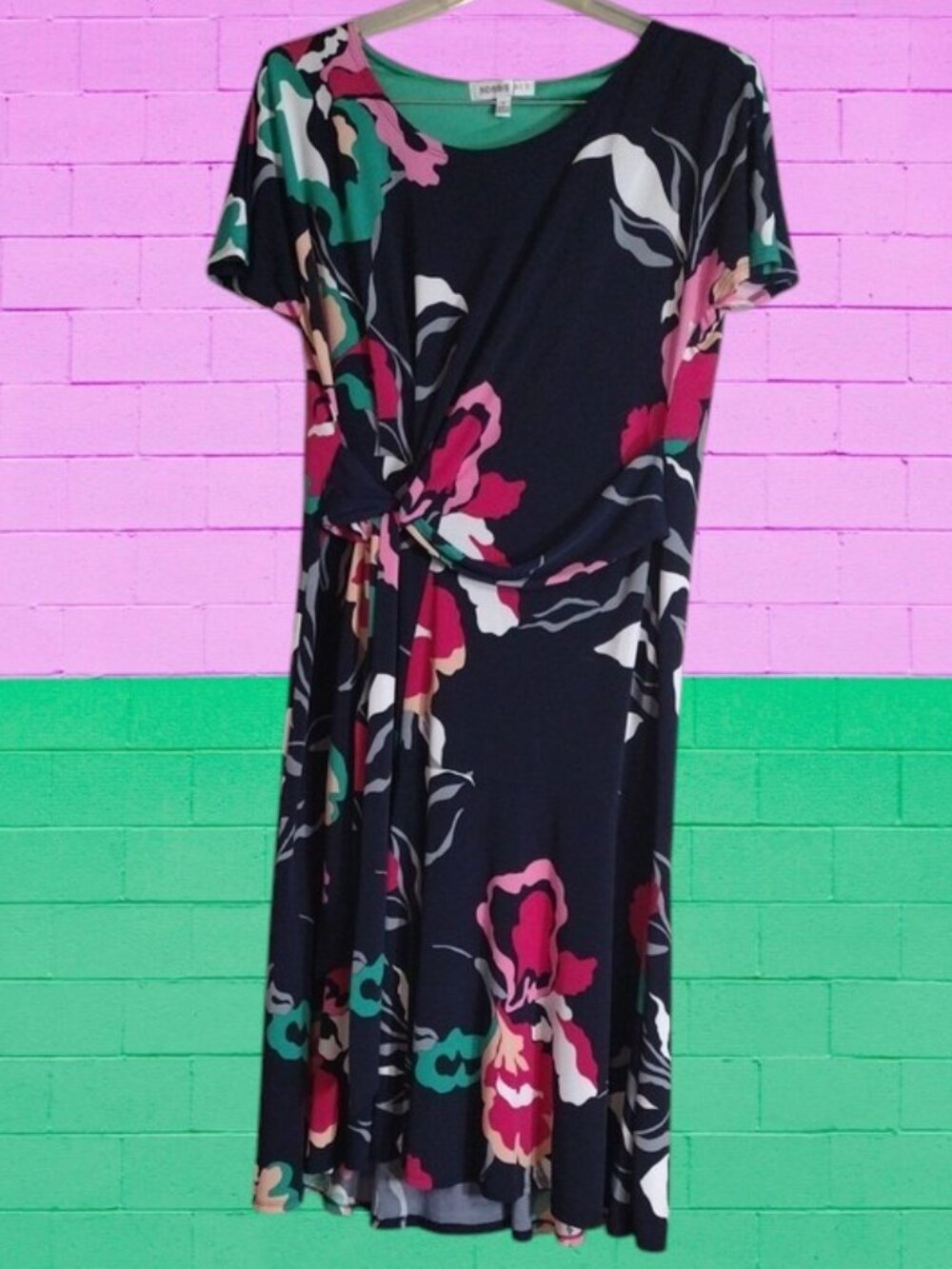 Robbie Bee Navy Midi Dress with Floral Print Size Small But Oversized